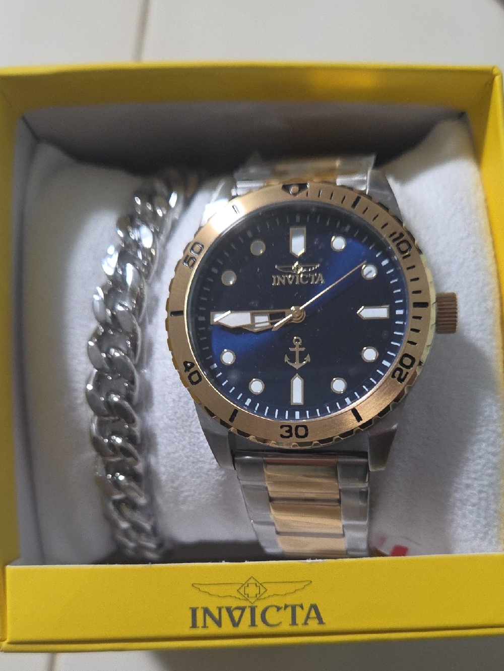 Invicta Gold and Blue Stainless Steel Diver-Style Anchor Watch With Bracelet NIB